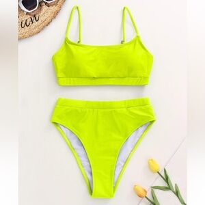 Womens High Waisted Two Piece Fluorescent Yellow Bikini Swimsuit